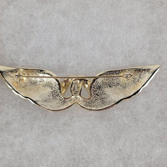 Two Swans Wing Classic Elegant Crystal Gold-Tone Enamel & Rhinestones Brooch Pin - Picture 4 of 5
